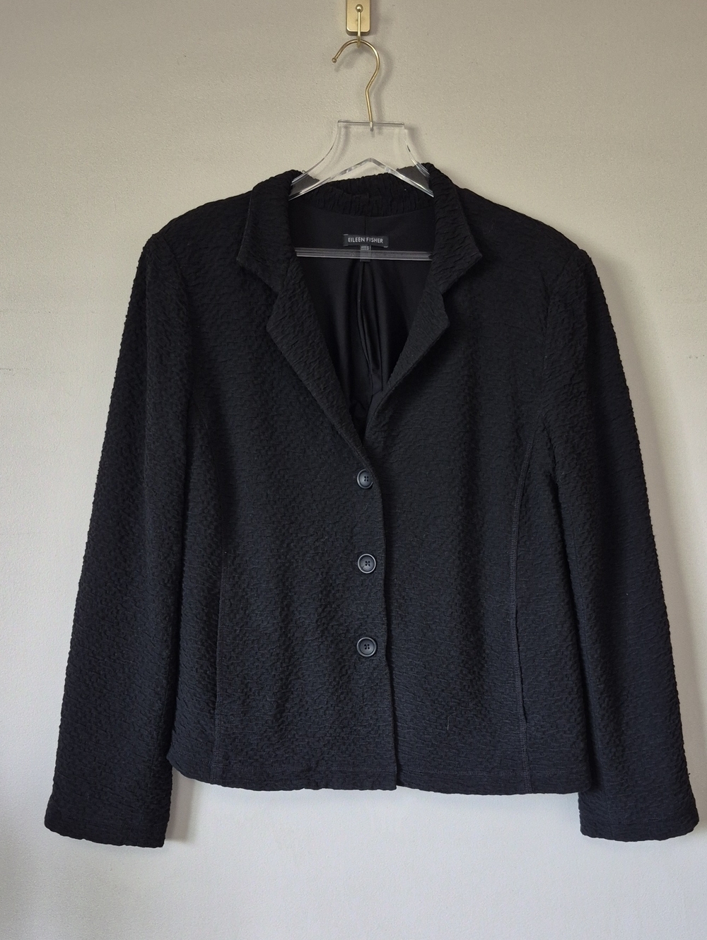 Eileen Fisher Black Textured Three-Button Blazer Jacket, Size L